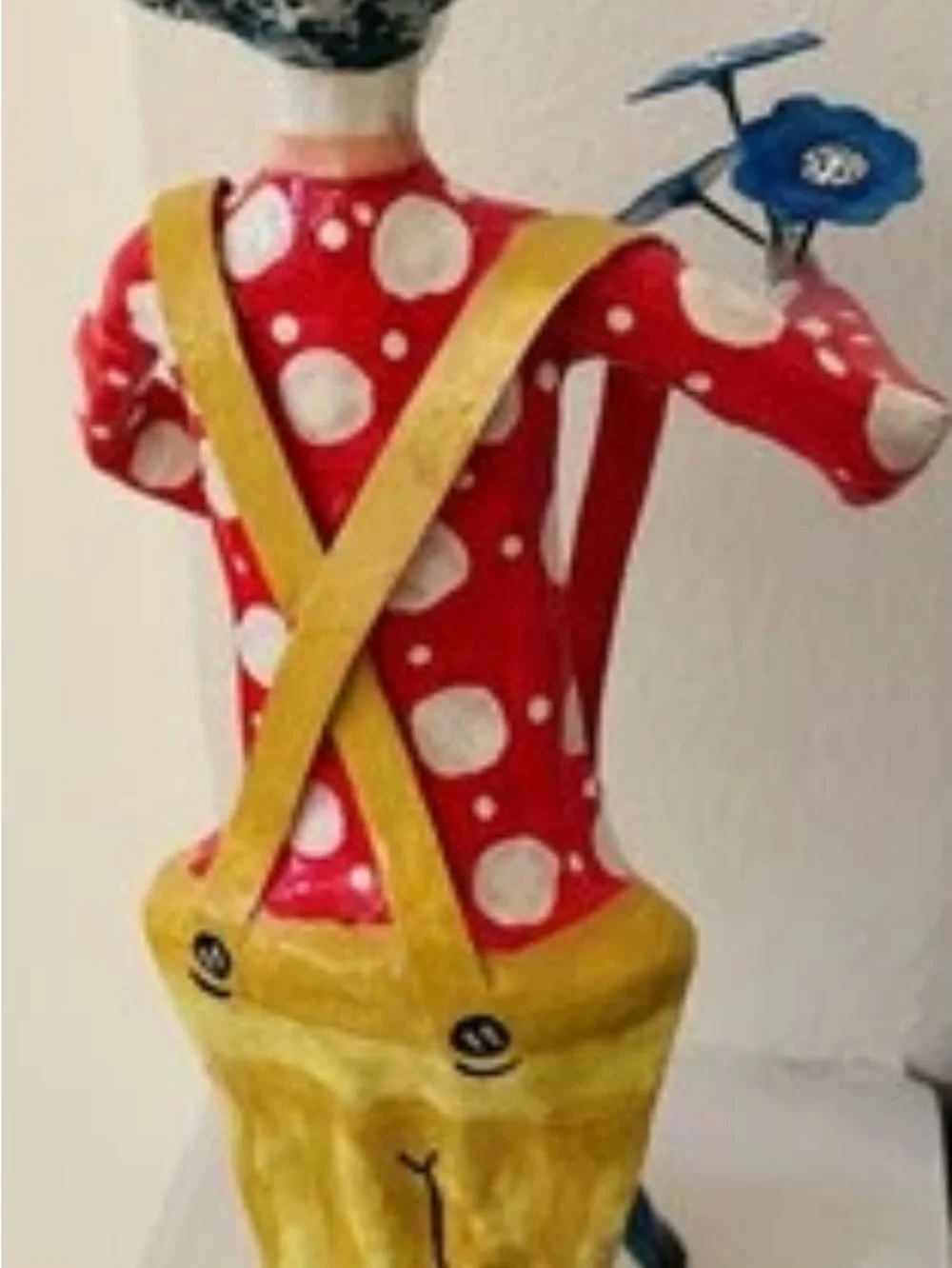 Vintage-handmade-collectible-paper mache +metal-clown with flowers-Mexican